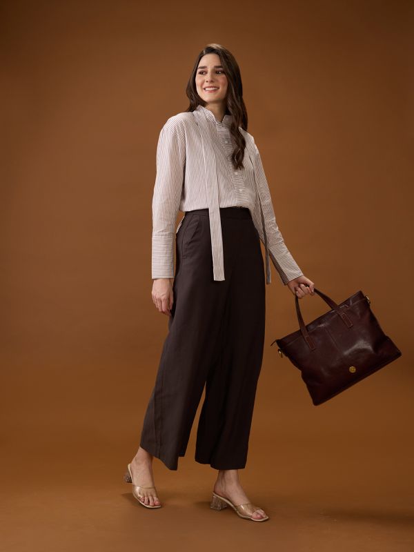 Globus Women Brown Mandarin Collar Cuffed Sleeves Striped Tie Detail High-Low Hem Workwear Shirt