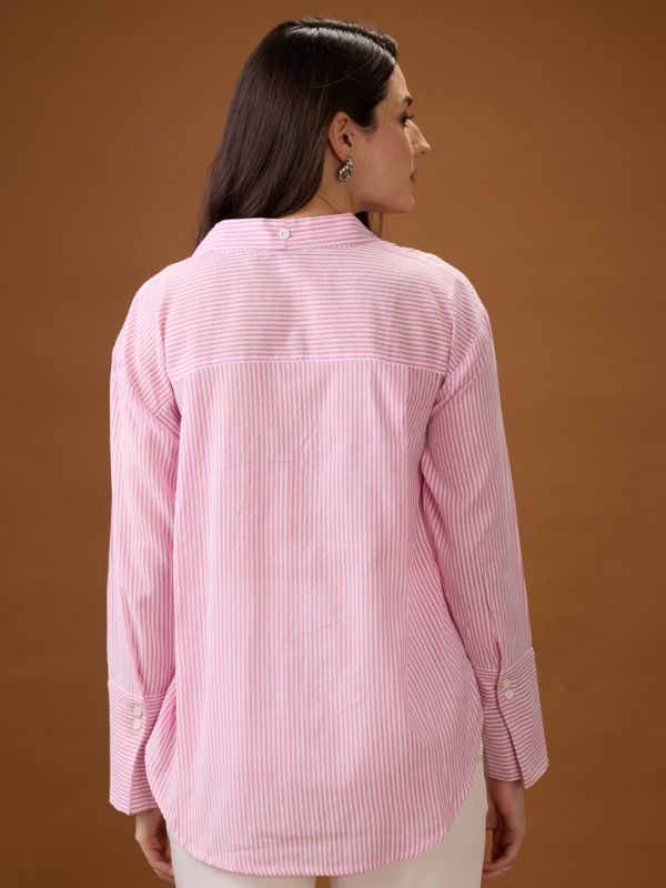 Globus Women Pink Mandarin Collar Cuffed Sleeves Striped Tie Detail High-Low Hem Workwear Shirt