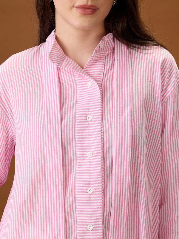 Globus Women Pink Mandarin Collar Cuffed Sleeves Striped Tie Detail High-Low Hem Workwear Shirt
