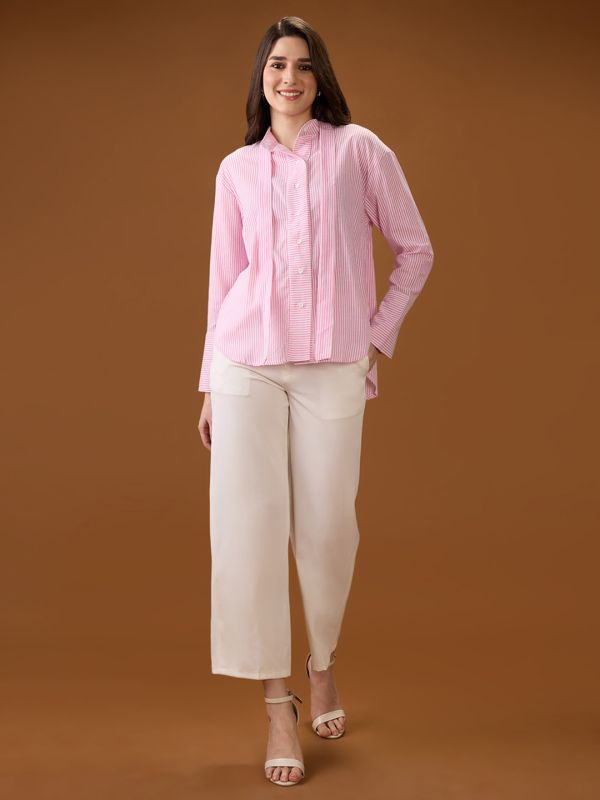 Globus Women Pink Mandarin Collar Cuffed Sleeves Striped Tie Detail High-Low Hem Workwear Shirt