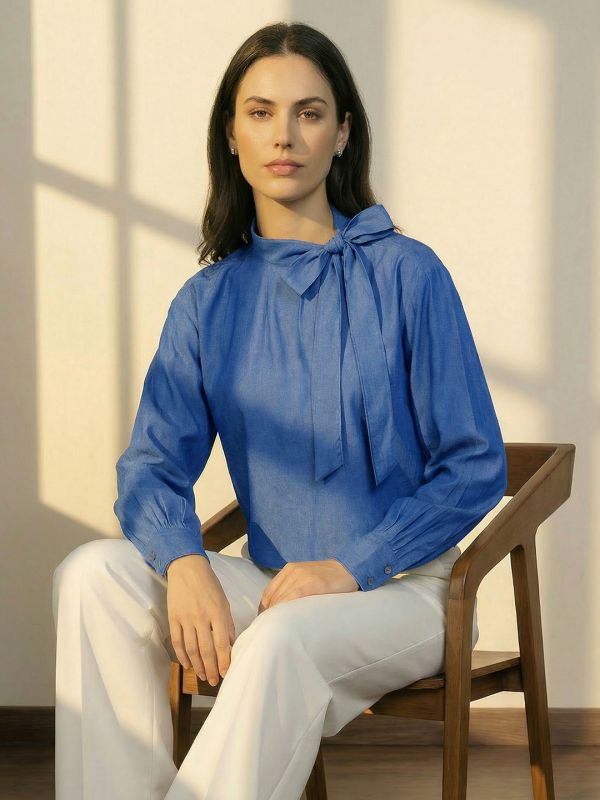 Globus Women Blue Tie-Up Neck Detail Self Design Regular Sleeves Casual Top