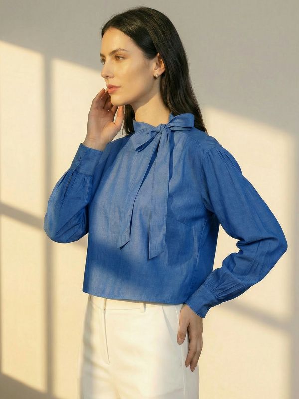 Globus Women Blue Tie-Up Neck Detail Self Design Regular Sleeves Casual Top