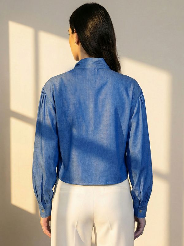 Globus Women Blue Tie-Up Neck Detail Self Design Regular Sleeves Casual Top