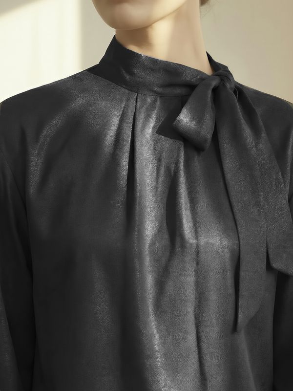 Globus Women Black Tie-Up Neck Detail Self Design Regular Sleeves Casual Top