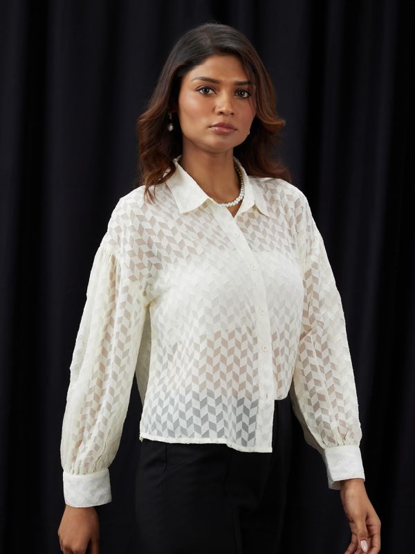 Globus Women Cream Collared Neck Cuffed Sleeves Self Design Georgette Shirt