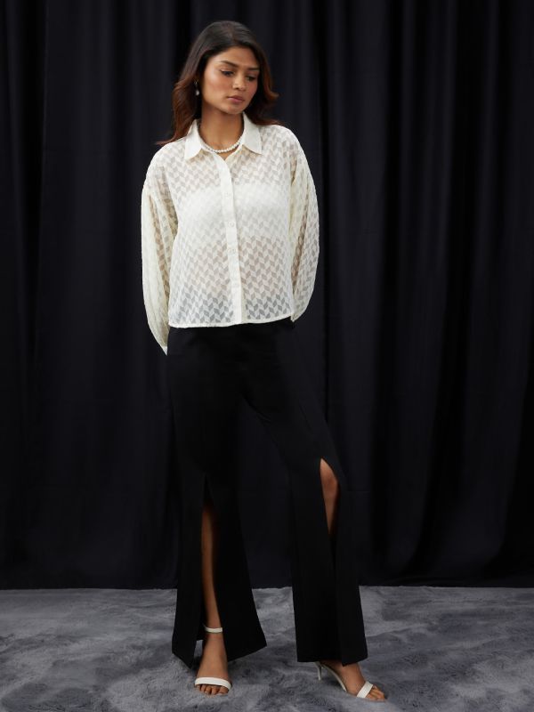 Globus Women Cream Collared Neck Cuffed Sleeves Self Design Georgette Shirt