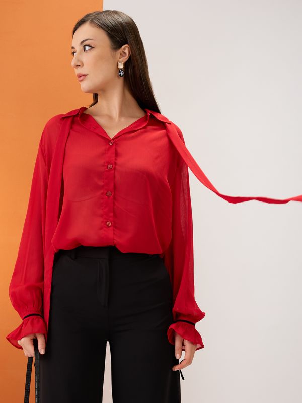 Globus Women Red Collared Neck Tie Detail Bishop Sleeves Chiffon Oversized Party Shirt