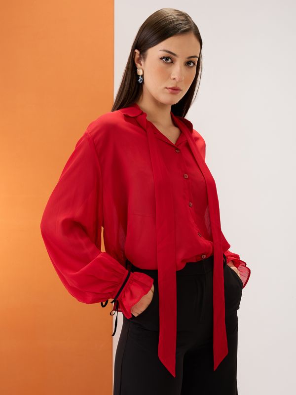 Globus Women Red Collared Neck Tie Detail Bishop Sleeves Chiffon Oversized Party Shirt