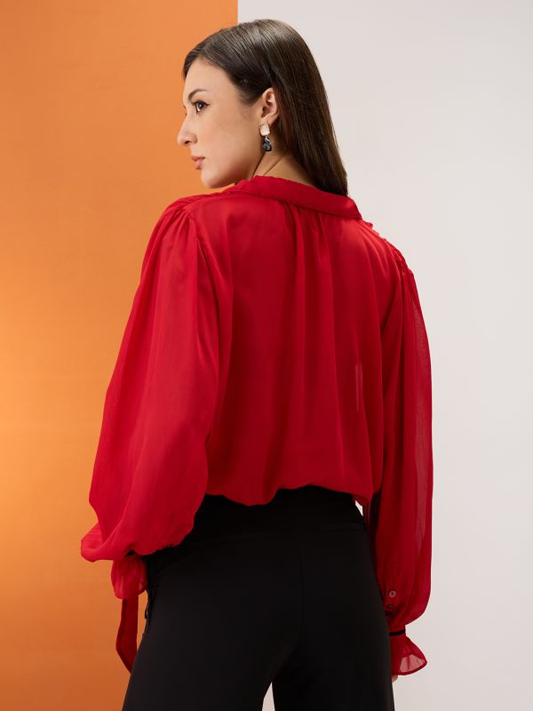 Globus Women Red Collared Neck Tie Detail Bishop Sleeves Chiffon Oversized Party Shirt