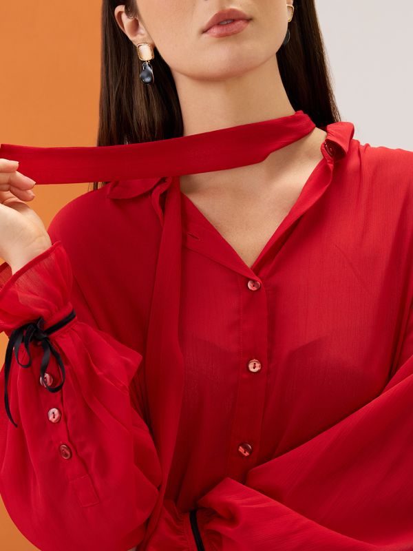 Globus Women Red Collared Neck Tie Detail Bishop Sleeves Chiffon Oversized Party Shirt