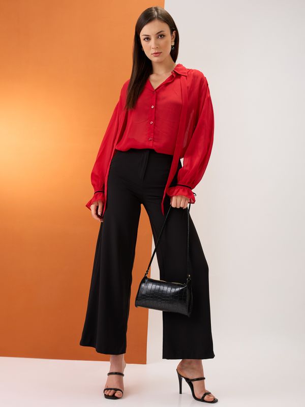 Globus Women Red Collared Neck Tie Detail Bishop Sleeves Chiffon Oversized Party Shirt