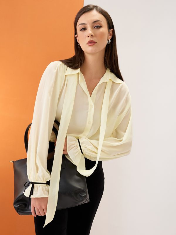 Globus Women Yellow Collared Neck Tie Detail Bishop Sleeves Chiffon Oversized Party Shirt