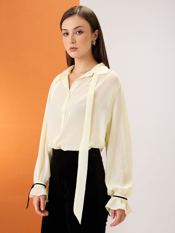 Globus Women Yellow Collared Neck Tie Detail Bishop Sleeves Chiffon Oversized Party Shirt