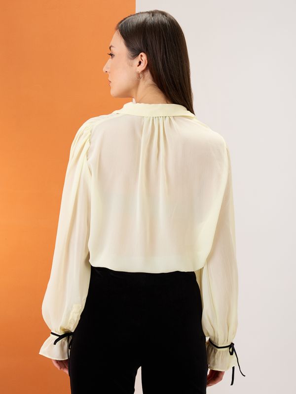 Globus Women Yellow Collared Neck Tie Detail Bishop Sleeves Chiffon Oversized Party Shirt