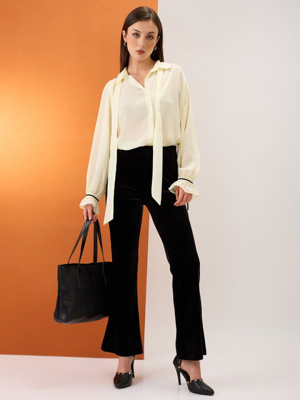 Globus Women Yellow Collared Neck Tie Detail Bishop Sleeves Chiffon Oversized Party Shirt