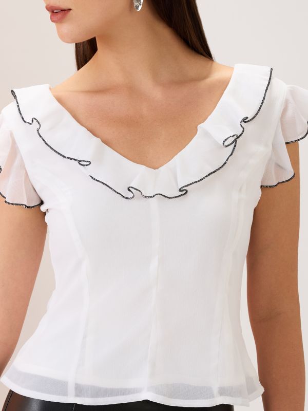 Globus Women White Flared Sleeves V-Neck Ruffle Piping Detail Chiffon Top