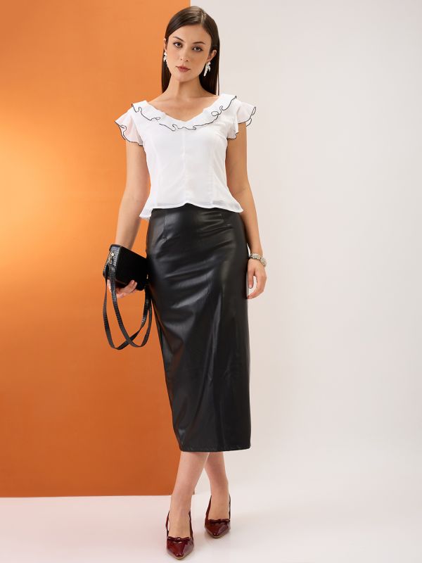 Globus Women White Flared Sleeves V-Neck Ruffle Piping Detail Chiffon Top