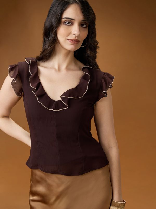 Globus Women Brown Flared Sleeves V-Neck Ruffle Contrast Piping Detail Chiffon Top