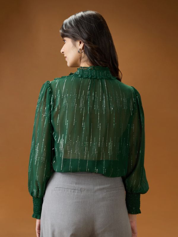 Globus Women Green Frilled Neck Bishop Sleeves Sequinned detail Georgette Shirt Style Top