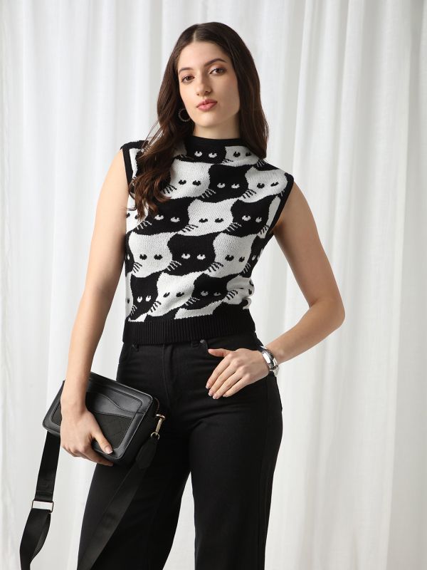 Globus Women Black Animal Self Design High Neck Extended Sleeves Acrylic Sweater Vest