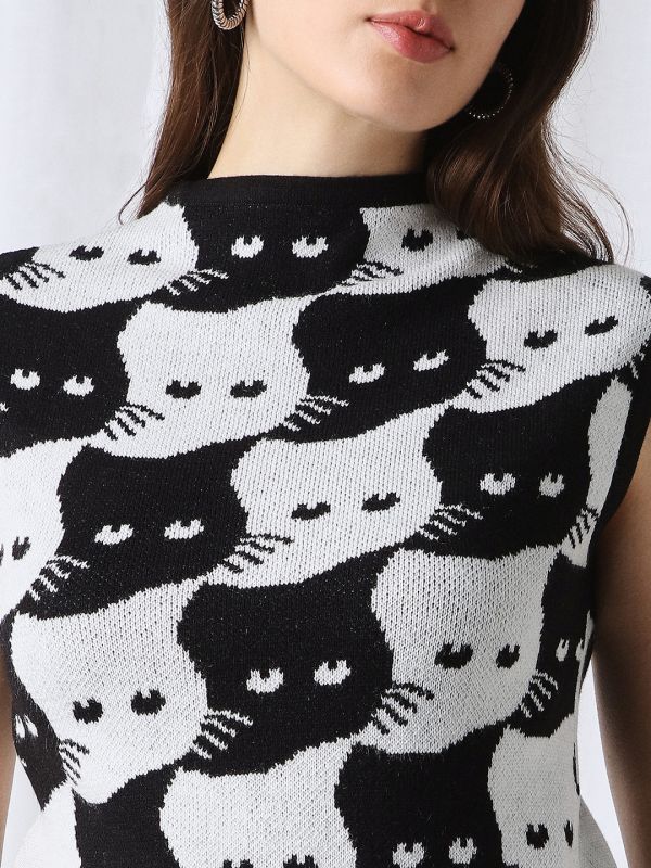 Globus Women Black Animal Self Design High Neck Extended Sleeves Acrylic Sweater Vest