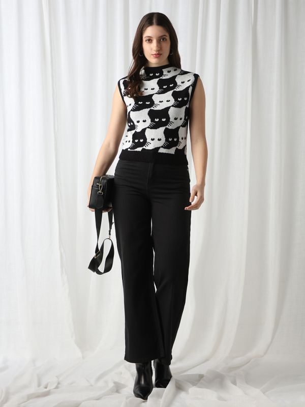 Globus Women Black Animal Self Design High Neck Extended Sleeves Acrylic Sweater Vest