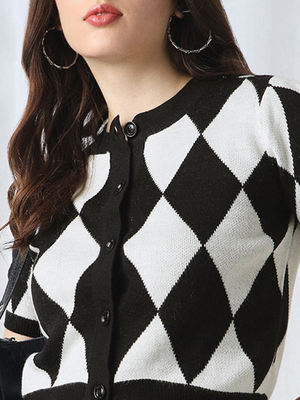 Globus Women Black Geometric Self Design Henley Neck Cardigan Sweater