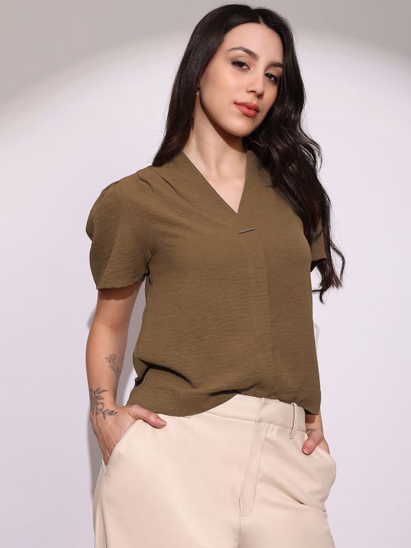 Globus Women Brown V-Neck Puff Sleeve Pleated Formal Top