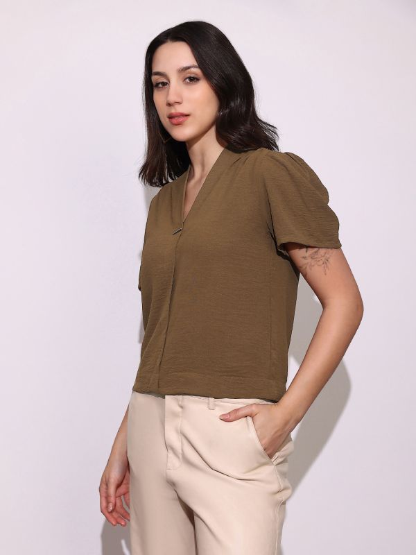 Globus Women Brown V-Neck Puff Sleeve Pleated Formal Top