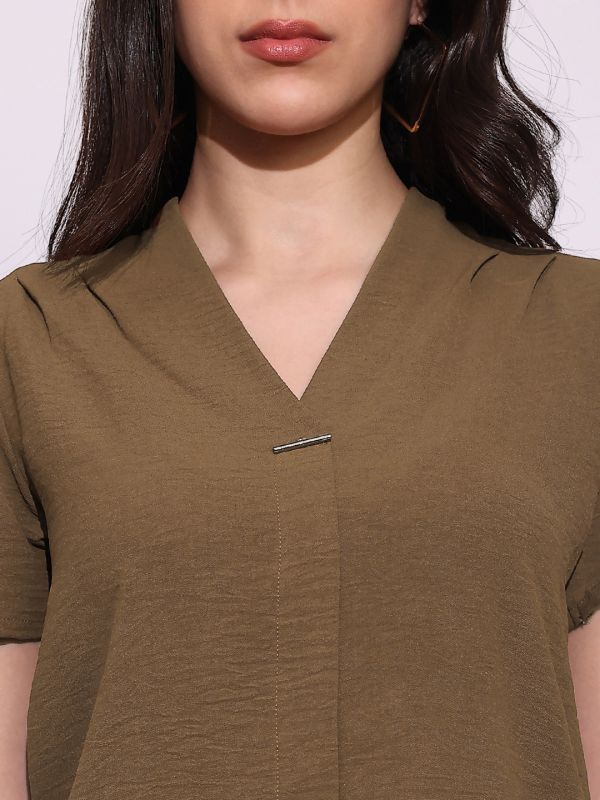 Globus Women Brown V-Neck Puff Sleeve Pleated Formal Top