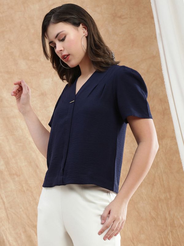 Globus Women Navy Blue V-Neck Puff Sleeve Pleated Formal Top