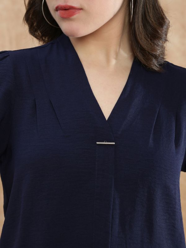 Globus Women Navy Blue V-Neck Puff Sleeve Pleated Formal Top