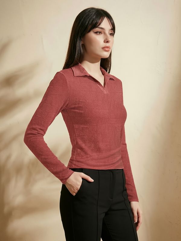 Globus Women Rust Self Design Collared Neck Long Sleeves Casual Top