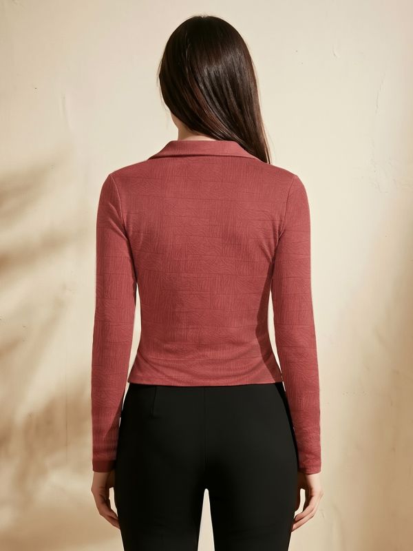 Globus Women Rust Self Design Collared Neck Long Sleeves Casual Top