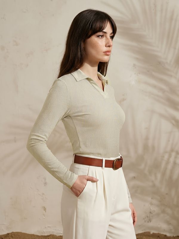 Globus Women Beige Self Design Collared Neck Long Sleeves Casual Top