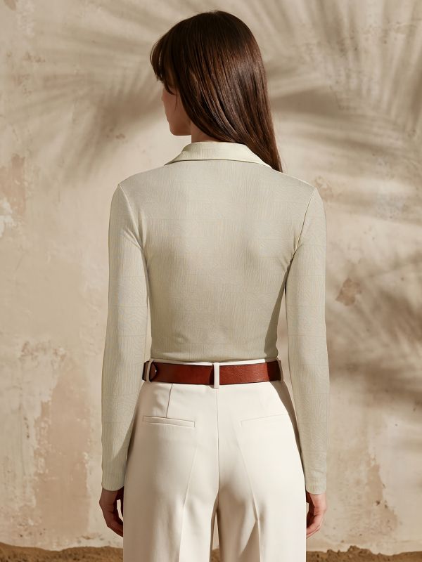 Globus Women Beige Self Design Collared Neck Long Sleeves Casual Top