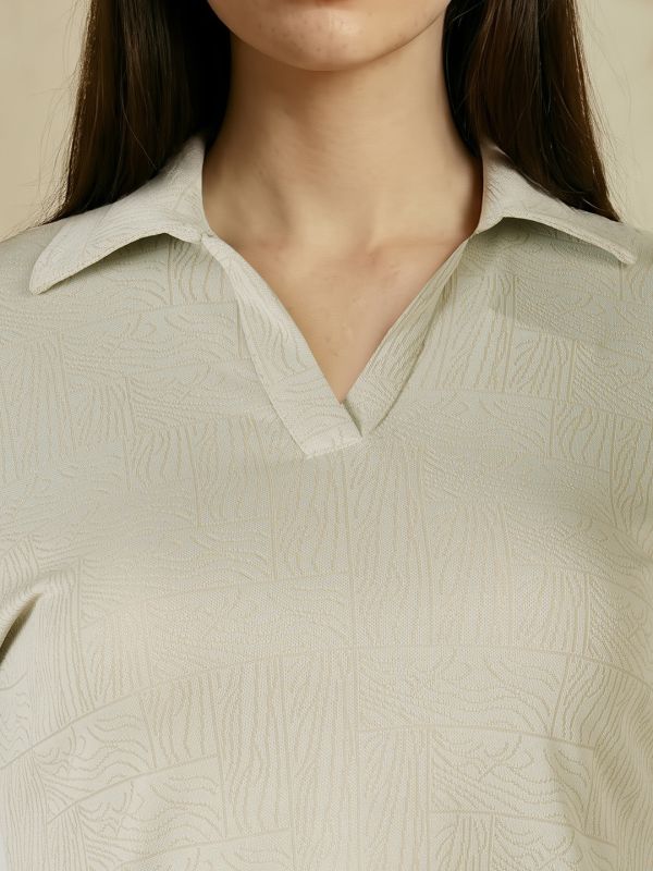 Globus Women Beige Self Design Collared Neck Long Sleeves Casual Top