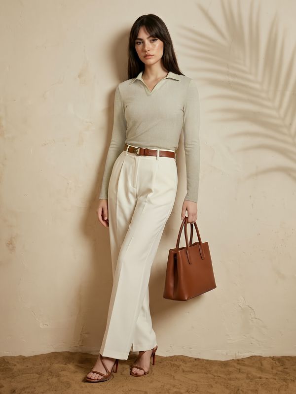 Globus Women Beige Self Design Collared Neck Long Sleeves Casual Top