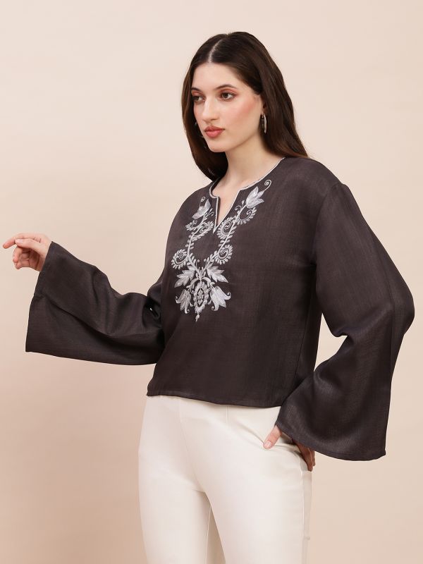Globus Women Grey Embroidered V-Neck Bell Sleeves Top