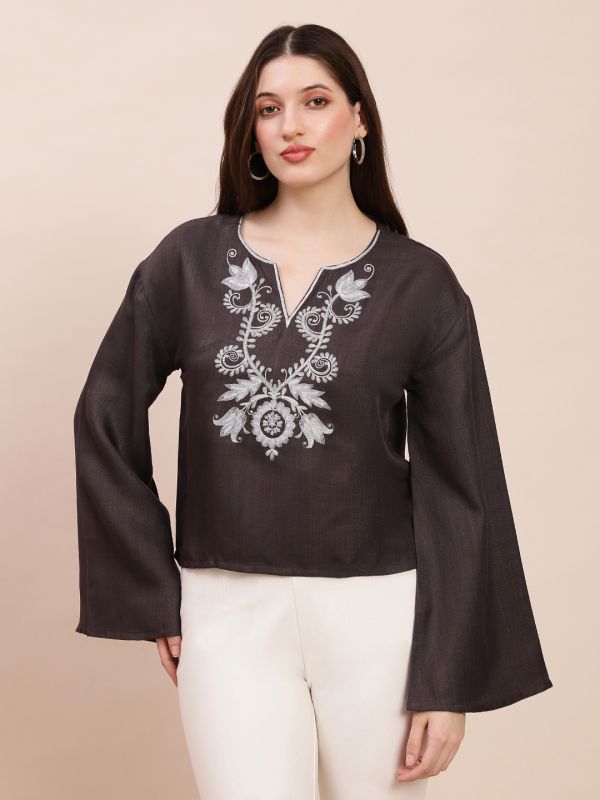 Globus Women Grey Embroidered V-Neck Bell Sleeves Top