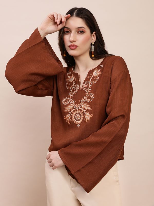 Globus Women Brown Embroidered V-Neck Bell Sleeves Top