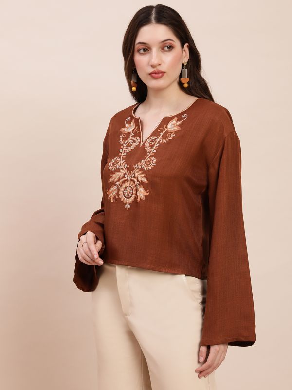 Globus Women Brown Embroidered V-Neck Bell Sleeves Top