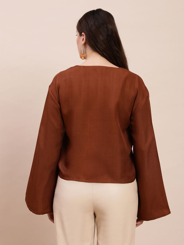 Globus Women Brown Embroidered V-Neck Bell Sleeves Top
