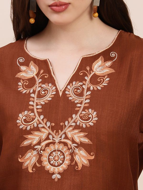 Globus Women Brown Embroidered V-Neck Bell Sleeves Top