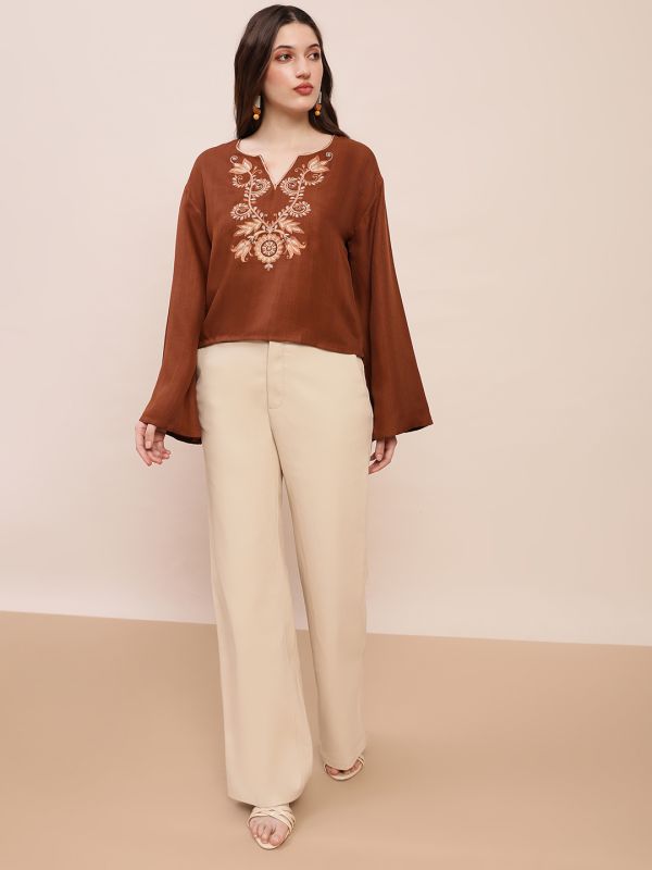 Globus Women Brown Embroidered V-Neck Bell Sleeves Top