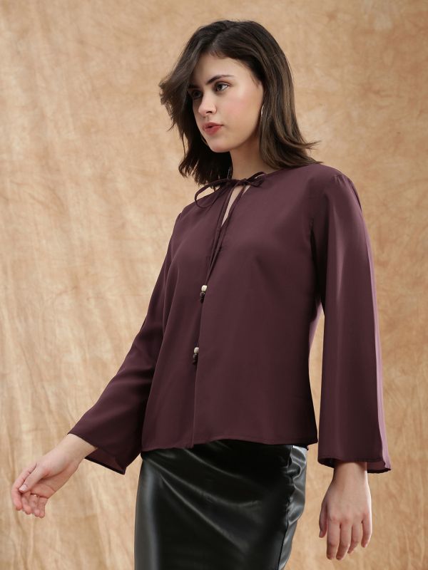 Globus Women Pink Tie-Up V-Neck Flared Sleeve Georgette Formal Top