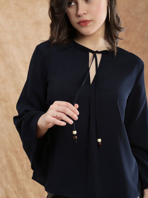 Globus Women Blue Tie-Up V-Neck Flared Sleeve Georgette Formal Top
