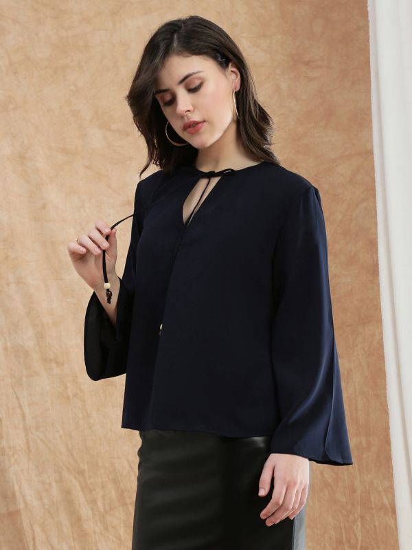 Globus Women Blue Tie-Up V-Neck Flared Sleeve Georgette Formal Top