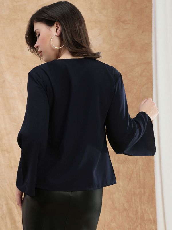 Globus Women Blue Tie-Up V-Neck Flared Sleeve Georgette Formal Top
