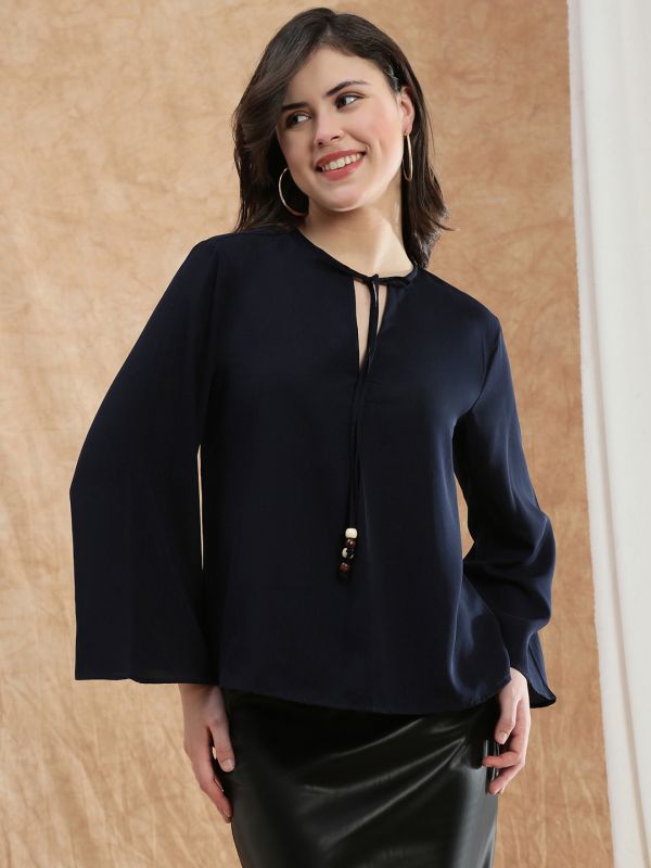 Globus Women Blue Tie-Up V-Neck Flared Sleeve Georgette Formal Top